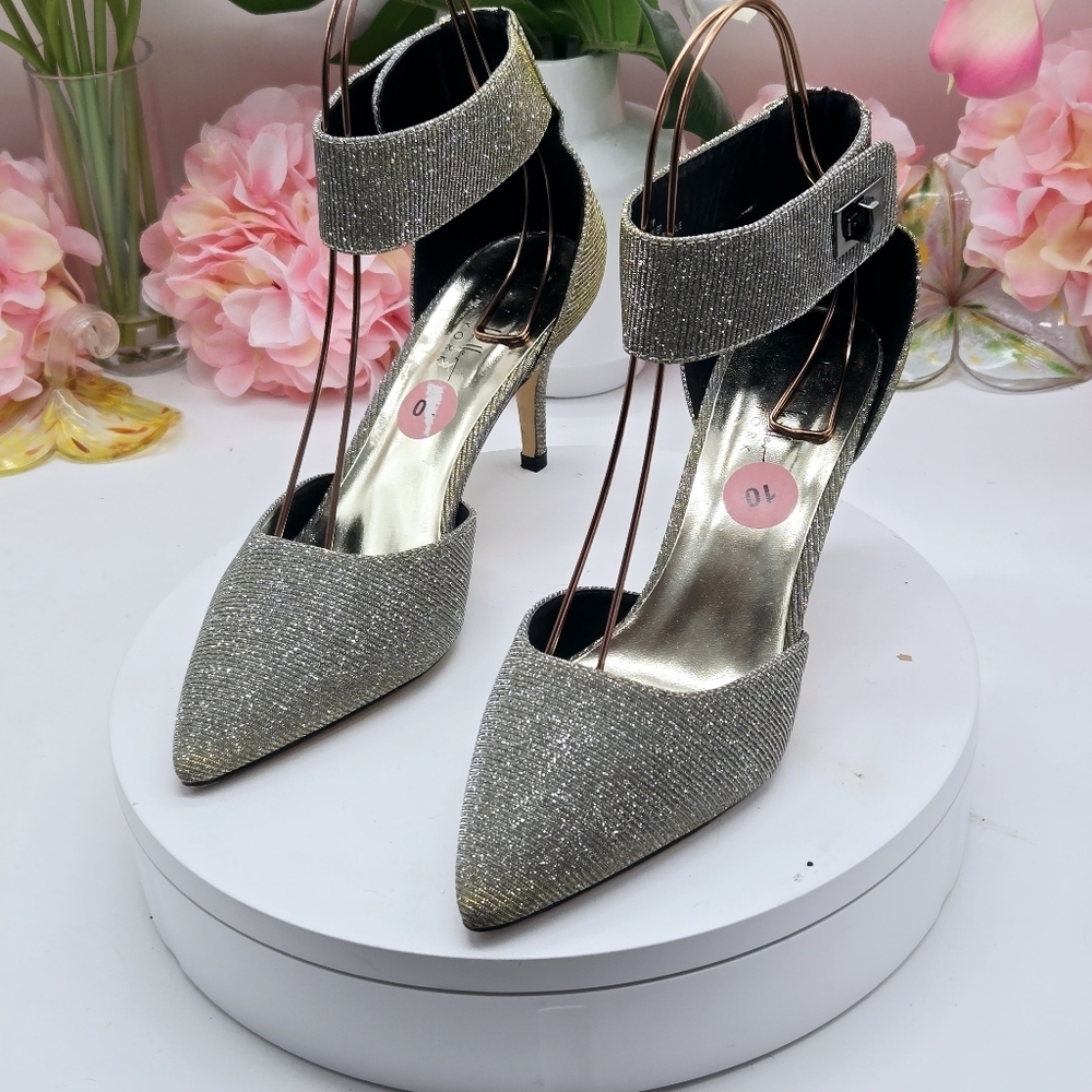 Nicole Miller Brandy Ankle Cuff Pumps High Heels Glittering Gold Sz 10